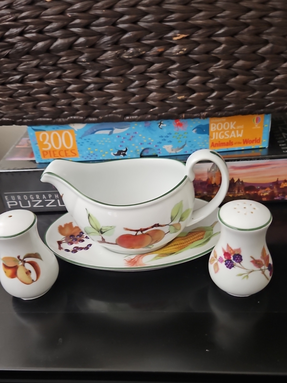 Royal Worcester Evesham Vale Ceramic Gray Boat And Salt And Pepper Shakers